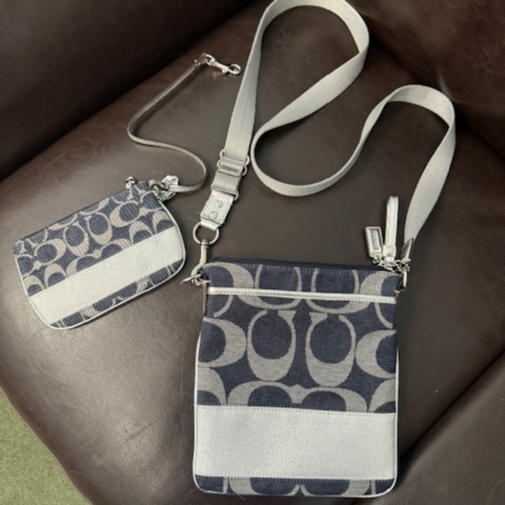 Vintage COACH Blue Denim Signature CC Crossbody Swing Bag AND wallet/purse-2 pc
